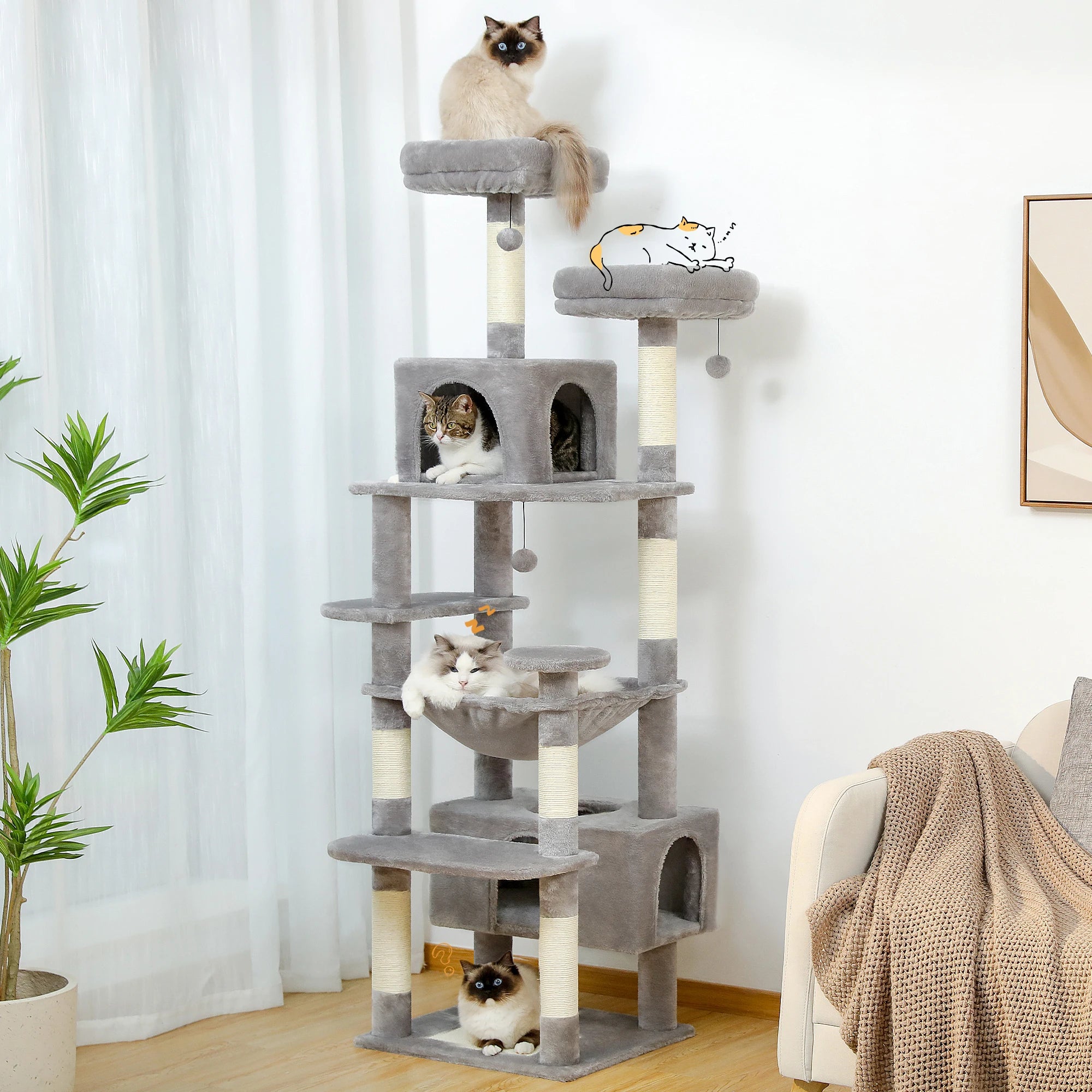 Großer Kratzbaum mit Hängematte, Liegeflächen & Spielzeug